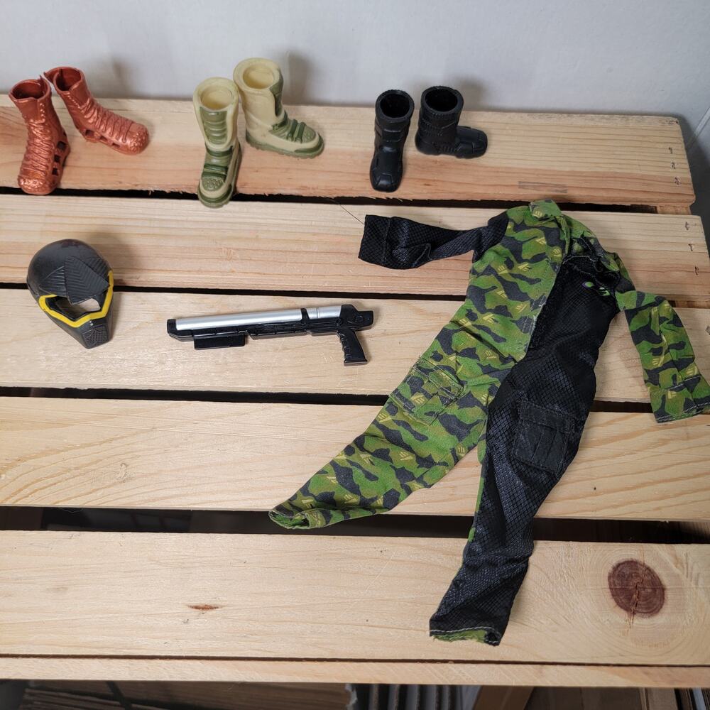Set of 3 Fashion Doll Boots, Camo Coveralls, Helmet & Spear G*n